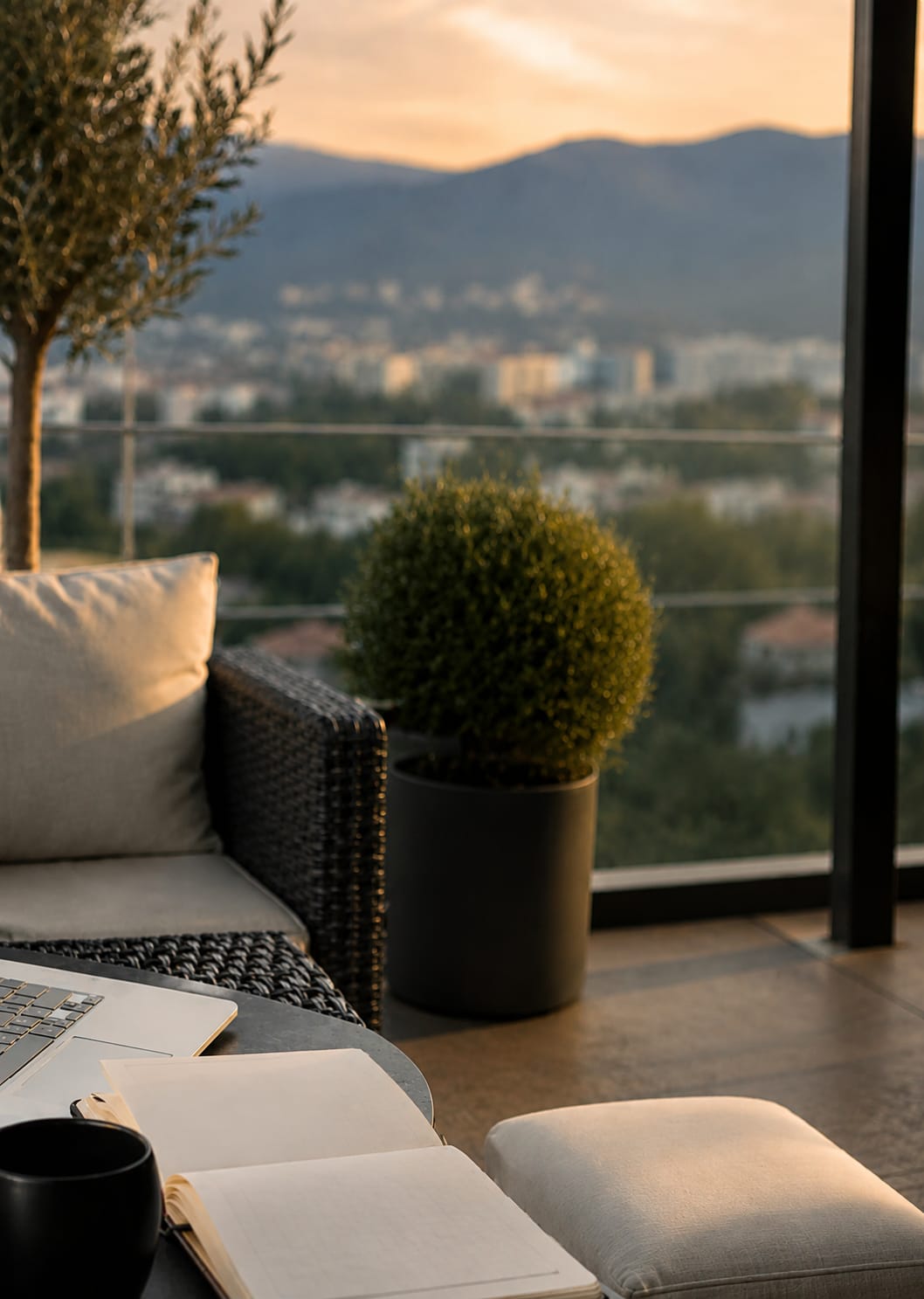 Ruhige Terrasse im Sonnenuntergang mit Notizbuch und Laptop